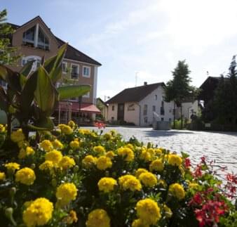 Blumenkübel auf dem Safferstettener Dorfplatz