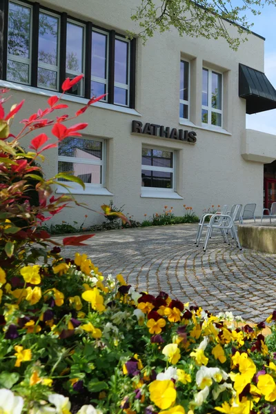 Das Rathausgebäude mit einem Brunnen und bunten Blumen davor.