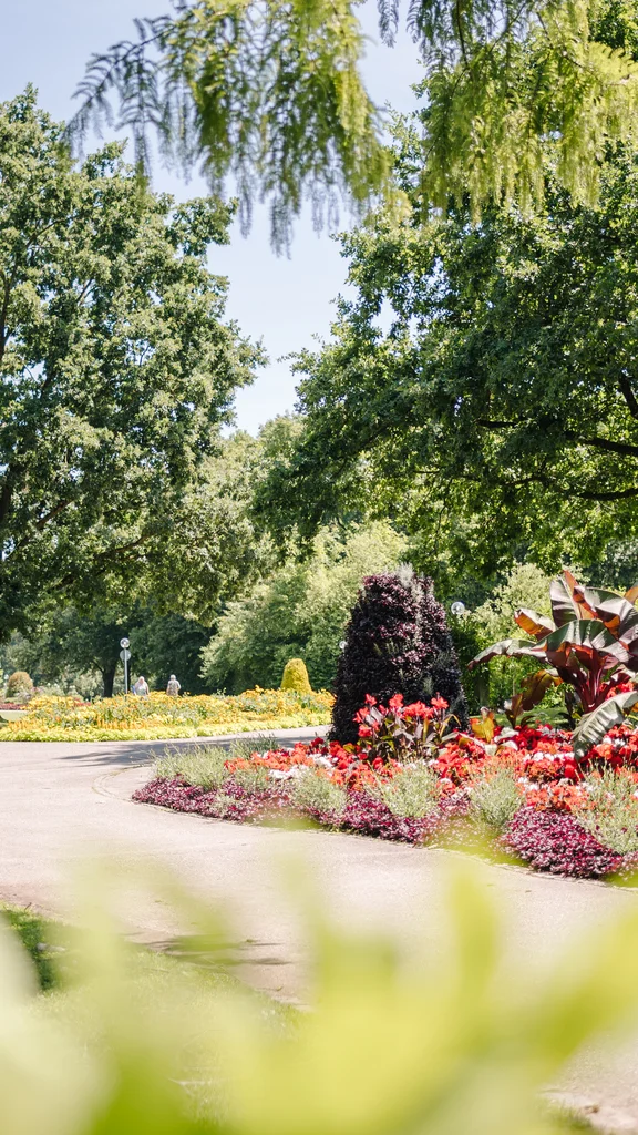 Ein gepflegter Garten mit bunten Blumen, Bäumen und einer geschwungenen Wege. Sitzbänke sind sichtbar und Menschen sitzen im Hintergrund.
