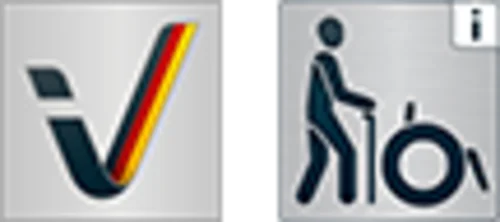 Zwei Symbole: eines zeigt einen stilisierten Buchstaben V in Schwarz-Rot-Gelb, das andere eine Person mit einem Gehstock neben einem Rollstuhl.