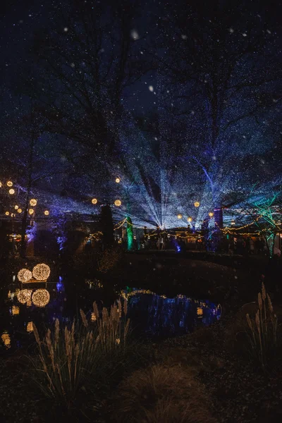Bunte Lichter in der Nacht Eine nächtliche Szene mit bunten Lichtern, die Bäume und Wasser reflektieren. Es gibt Lichterketten und Kugeln aus Licht. Im Hintergrund sind Menschen zu sehen.