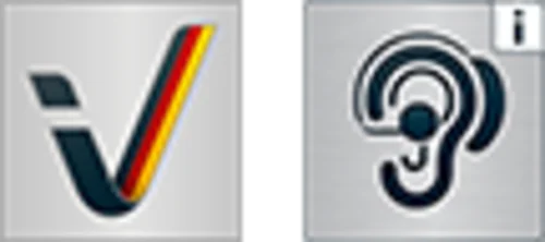 Zwei Symbole: das erste zeigt ein stilisiertes V mit den Farben rot, gelb und schwarz, das zweite zeigt ein Ohr mit einem Informationssymbol.