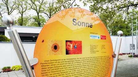 Informationstafel zur Sonne Ein Informationsschild über die Sonne mit erklärendem Text, Bildern und dem Titel 'Sonne'. Im Hintergrund sind Bäume und ein Gebäude sichtbar.