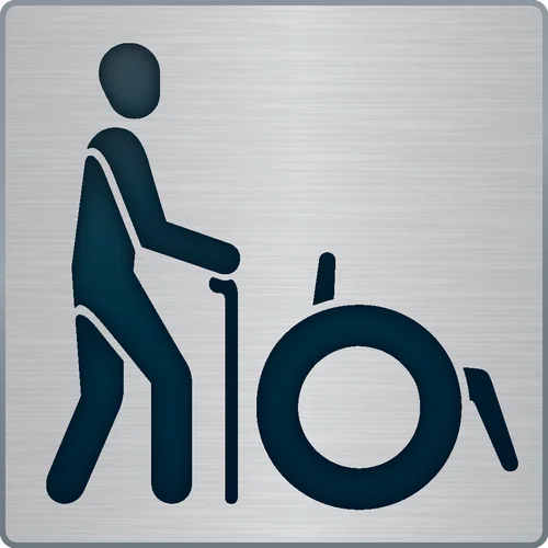 Ein Symbol, das eine Person mit einem Gehstock zeigt, die neben einem Rollstuhl steht. Der Rollstuhl ist deutlich erkennbar und zeigt eine Möglichkeit zur Mobilität.