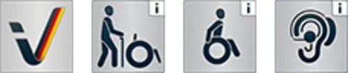 Eine Reihe von Symbolen, die Barrierefreiheit anzeigen. Dazu gehören: ein symbolisiertes Häkchen, Menschen, die mit Gehhelfen und Rollstühlen unterwegs sind, und ein Ohr-Symbol.