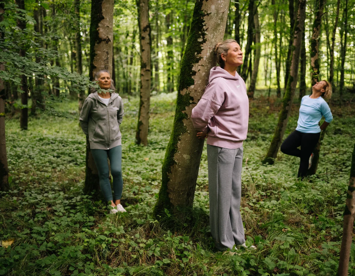 Frauen meditieren im Wald Drei Frauen stehen in einem Wald, lehnen sich an Bäume. Sie wirken entspannt und meditativ, umgeben von grüner Vegetation.