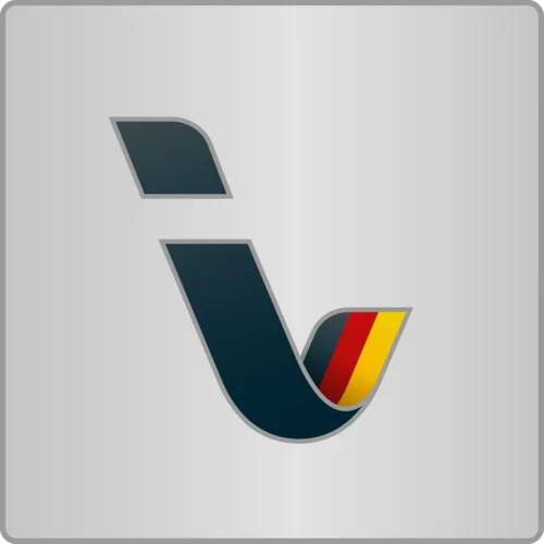 Ein Logo, das einen stilisierten Buchstaben 'v' zeigt, ergänzt mit den Farben der deutschen Flagge (schwarz, rot, gold) an der Unterseite.