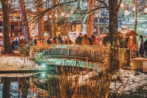 Winterlicher Lichterpark Ein beleuchteter Holzsteg führt über einen Teich in einem winterlichen Park. Viele Menschen stehen entlang des Weges zwischen kahlen Bäumen; Lichter und ihre Spiegelungen leuchten im Wasser.