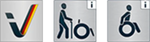 Drei Symbole: Ein farbiges V, ein gehender Mensch neben einem Rollstuhl, und ein sitzender Mensch im Rollstuhl. Alle Symbole haben einen Informationshinweis.