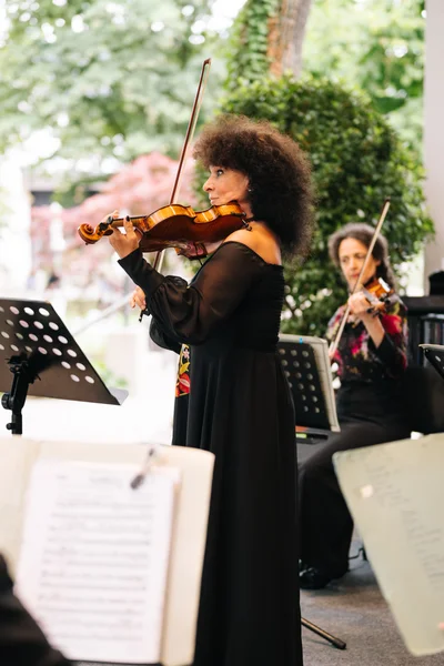 Eine Musikerin spielt Geige in einem Ensemble. Sie trägt ein schwarzes, schulterfreies Kleid. Im Hintergrund sind weitere Musiker und Notenständer sichtbar.