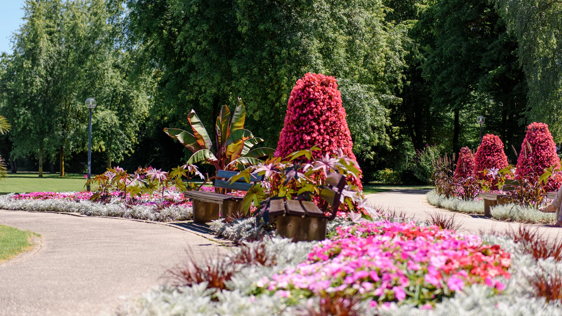 Ein parkähnlicher Bereich mit bunten Blumenbeeten, darunter pinke und rote Blumen. Es gibt einen geschwungenen Weg und Sitzplätze aus Holz umgeben von schönen Pflanzen.