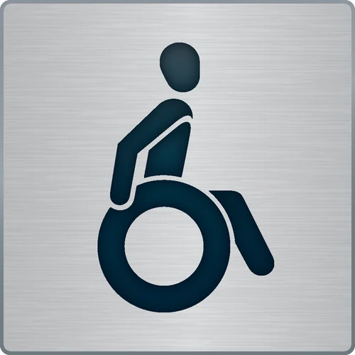 Symbol eines Rollstuhlfahrers auf einem metallischen Hintergrund.