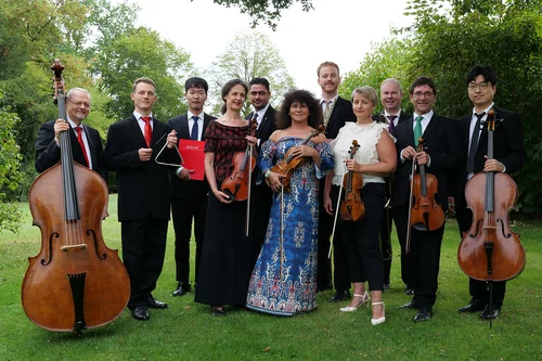 Streichensemble im Park Eine Gruppe von neun Musikerinnen und Musikern steht im Freien auf einer Wiese und hält Streichinstrumente, darunter Kontrabass, Violinen und Viola; einer hält außerdem eine rote Mozart-Mappe und ein anderer ein Schlagdreieck.