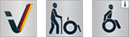 Drei Symbole: ein V mit Farben, eine Person mit Gehhilfe und ein Rollstuhl-Symbol.